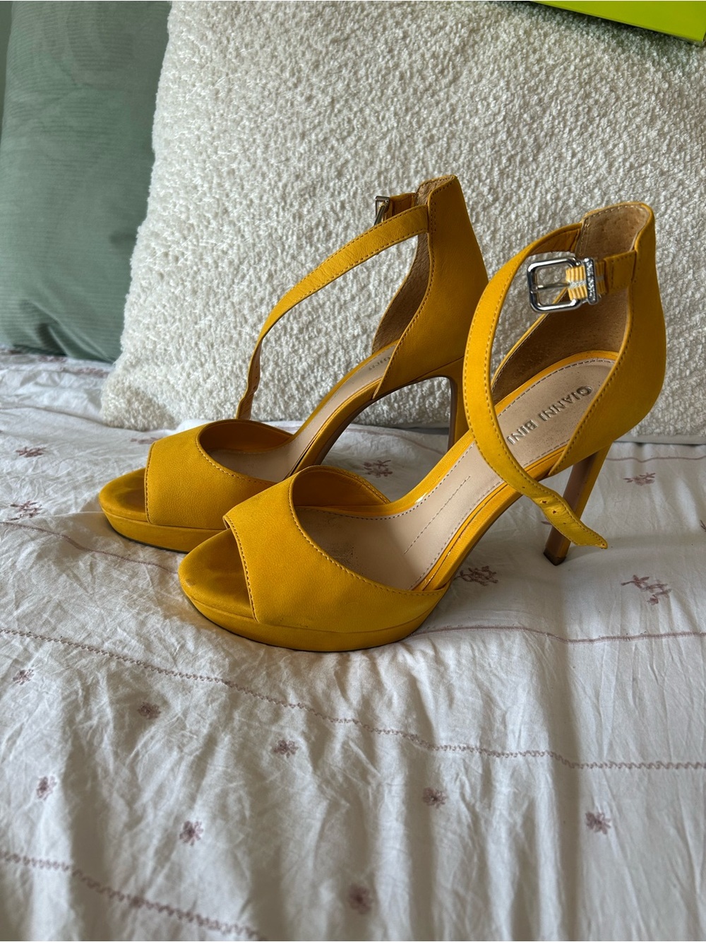 Gianni Bini Mustard Yellow T-Strap Peep-Toe Heels